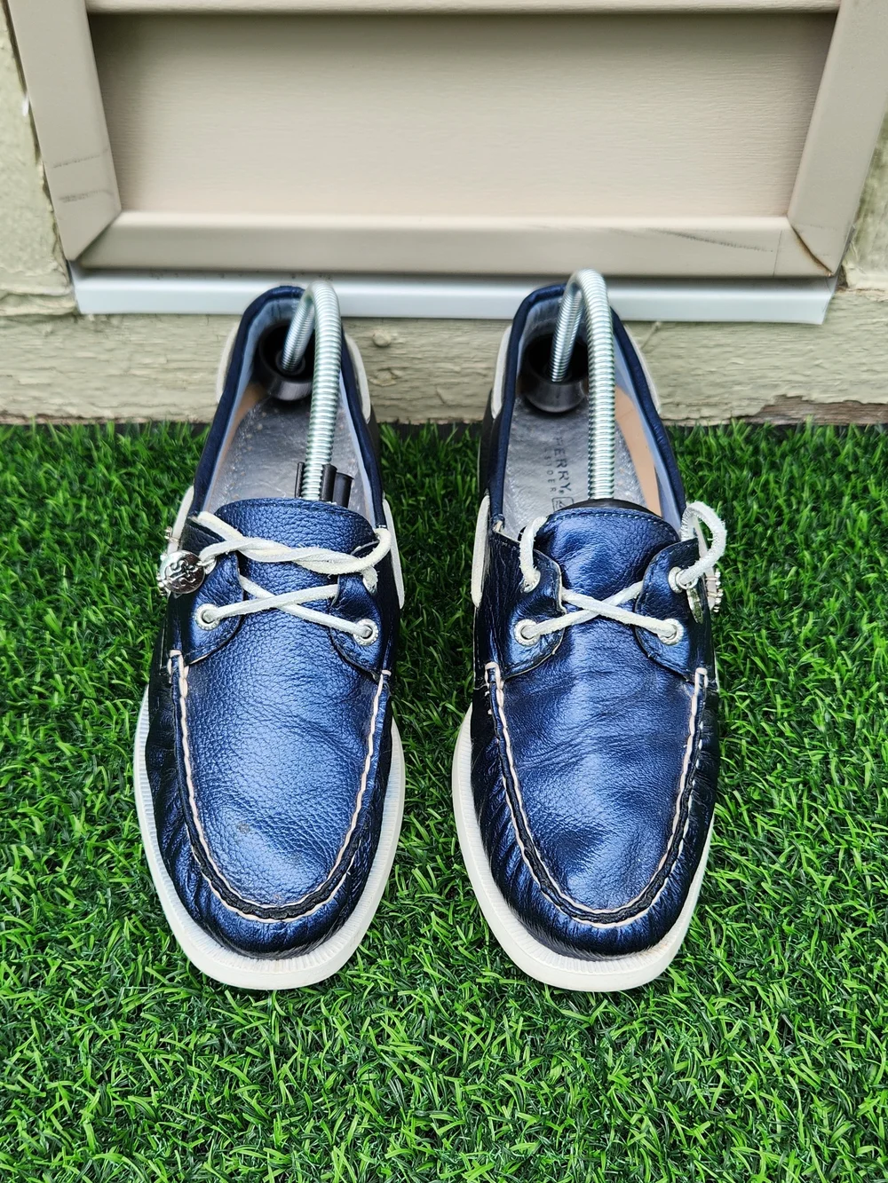 Sperry Top-Sider Metallic Blue Leather Women's Boat Shoes Charms Size 9.5
